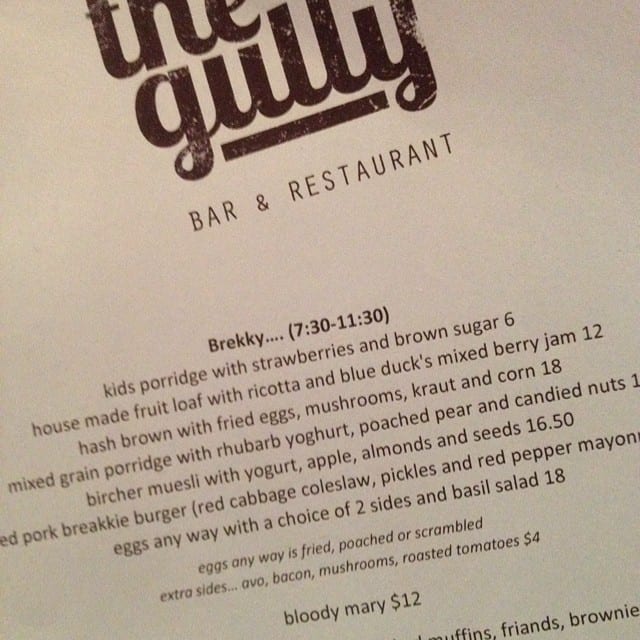 Breakfast menu at The Gully 