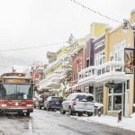 trolley on main street on snowy day