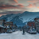 Downtown Fernie at dusk with a mountain landscape