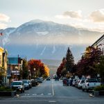 A beautiful Fall day in downtown Revelstoke with a view of the mountains.