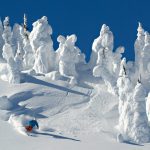 A skier enjoying some fresh powder on one of the runs at Sun Peaks Resort